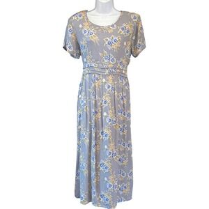 Vintage 90s Blue Floral Maxi Dress Short Sleeve Romantic Cottagecore Prairie